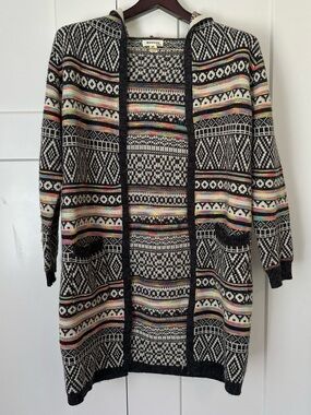 Monteau Black Hooded Fair‎ Isle Open Cardigan with Multicolor Stripes